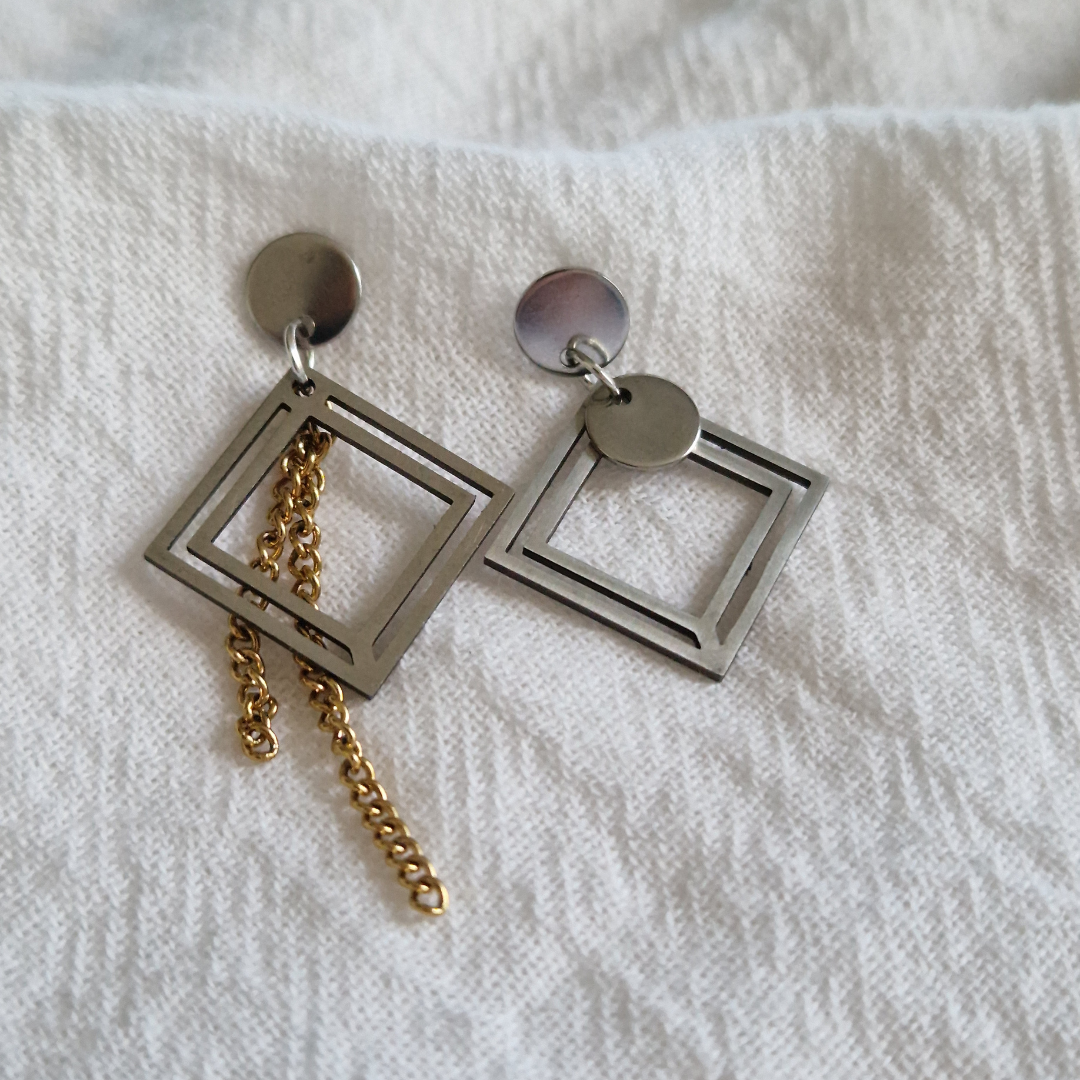 IANÉLI – Boucles d'oreilles pendantes asymétriques géométriques en acier inoxydable