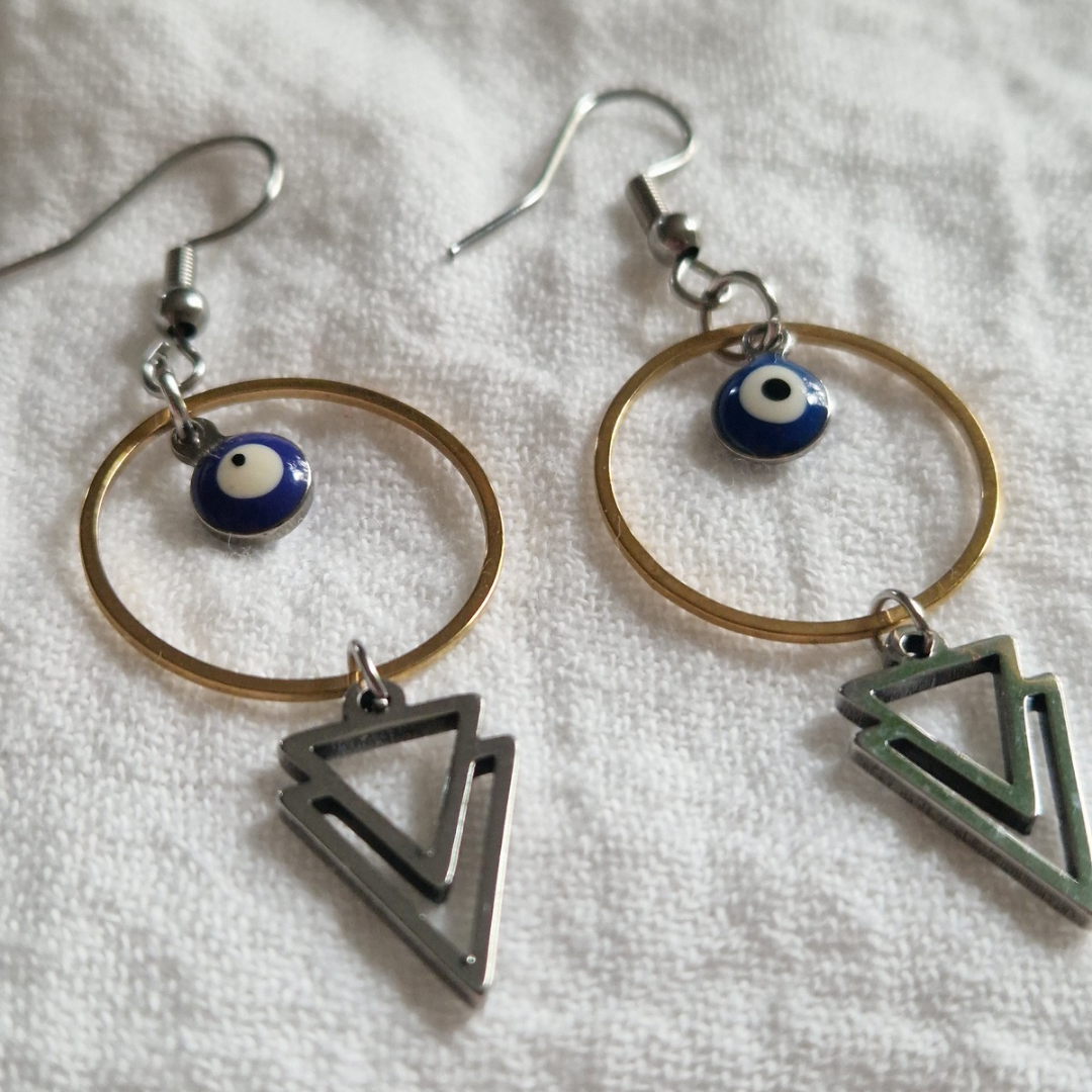 ETHAN – Boucles d'oreilles pendantes œil protecteur et triangles géométriques en acier inoxydable