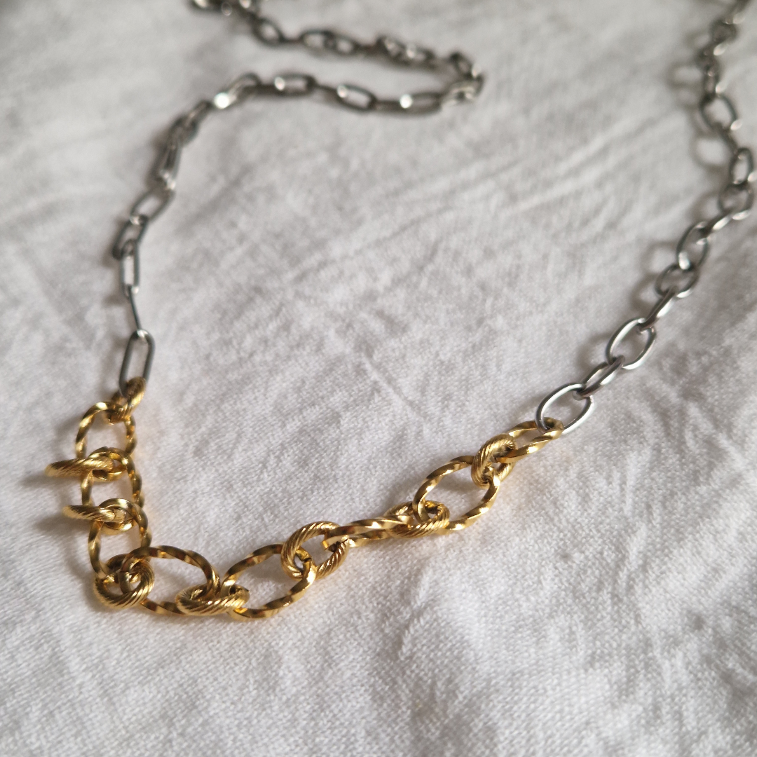 MARC – Collier pièce unique mi-chaîne argentée mi-chaîne dorée en acier inoxydable
